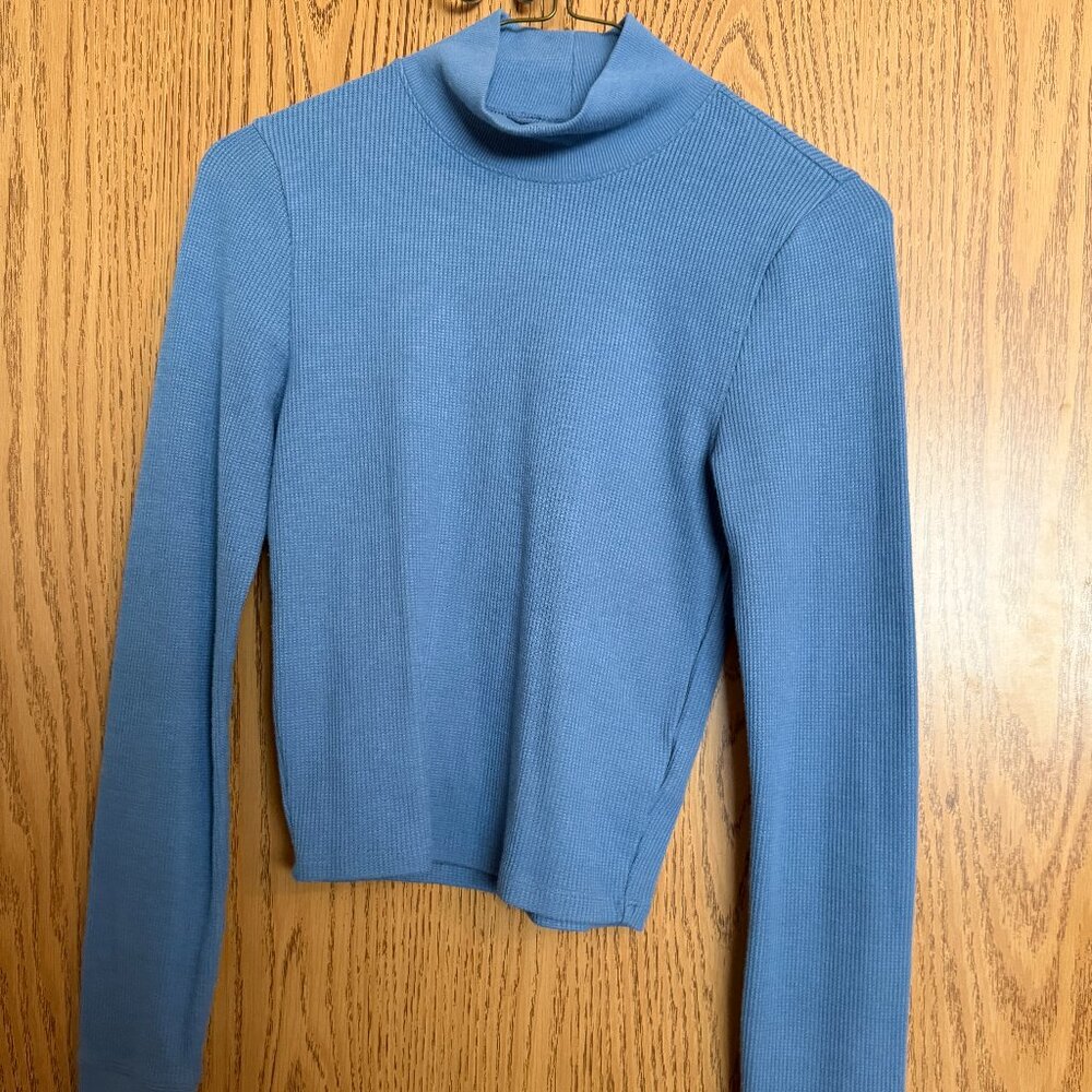 American Eagle Long Sleeve Waffle Knit Mock Neck Blue Shirt Size Small